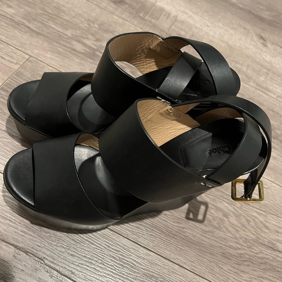 Chloe Black Wedge Sandals with Gold Buckle - Picture 2 of 5